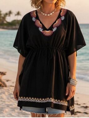 Trina Turk Embroidered Silk Blend Kaftan Beach Swimsuit Coverup Top size Medium
